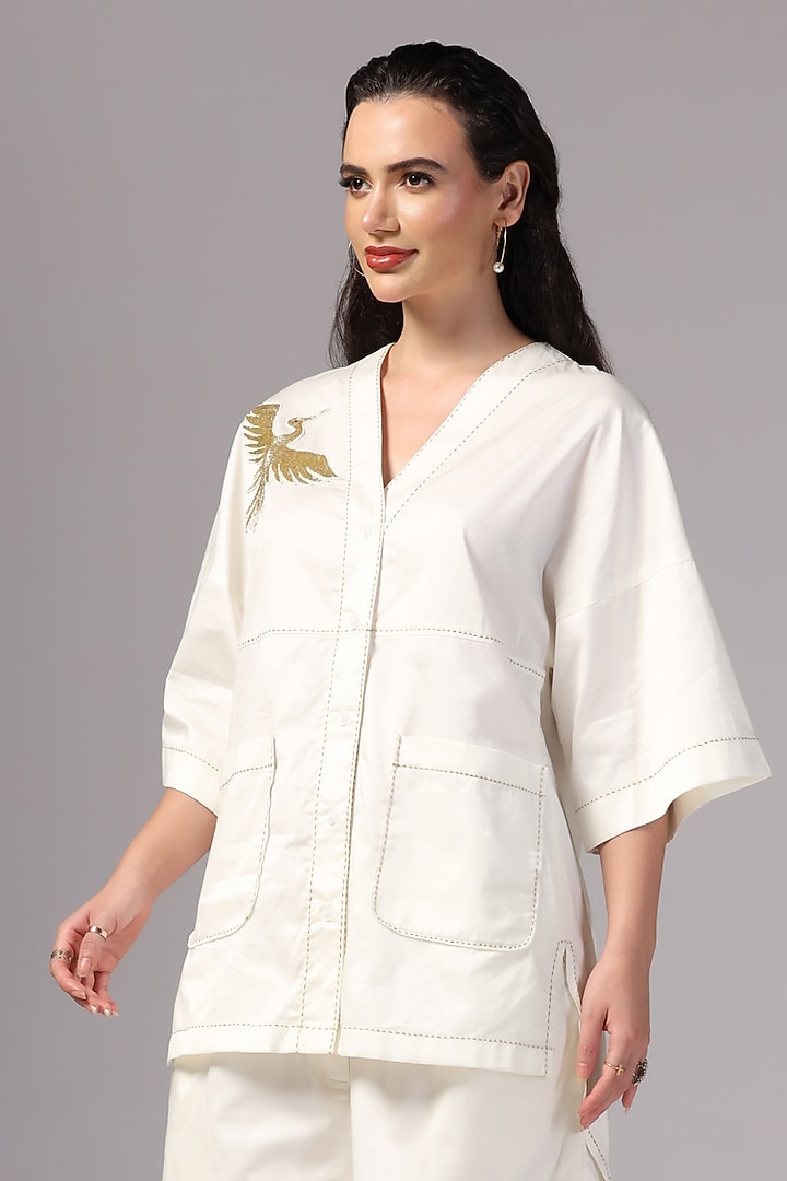Ivory Luxury Cotton Hand Embroidered Co-Ord Set by Sunanta Madaan at Pernia's Pop Up Shop