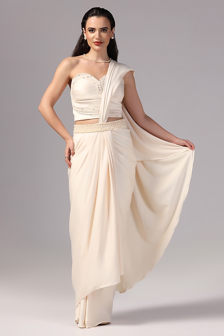 Ivory Satin Crepe Pearl Embroidered Pre-Draped Saree Set by Sunanta Madaan at Pernia's Pop Up Shop