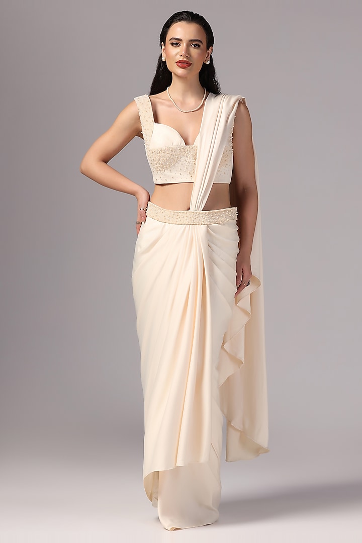 Ivory Satin Crepe Pearl Embroidered Pre-Draped Saree Set by Sunanta Madaan at Pernia's Pop Up Shop