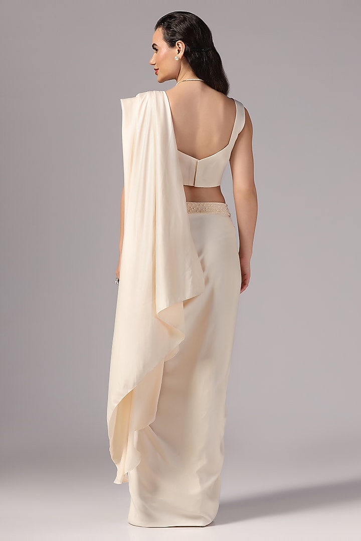 Ivory Satin Crepe Pearl Embroidered Pre-Draped Wedding Saree Set by Sunanta Madaan at Pernia's Pop Up Shop