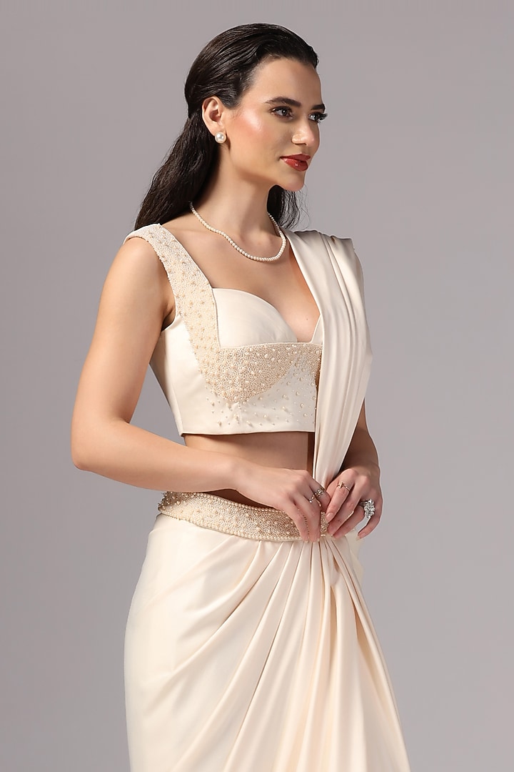 Ivory Satin Crepe Pearl Embroidered Pre-Draped Wedding Saree Set by Sunanta Madaan at Pernia's Pop Up Shop