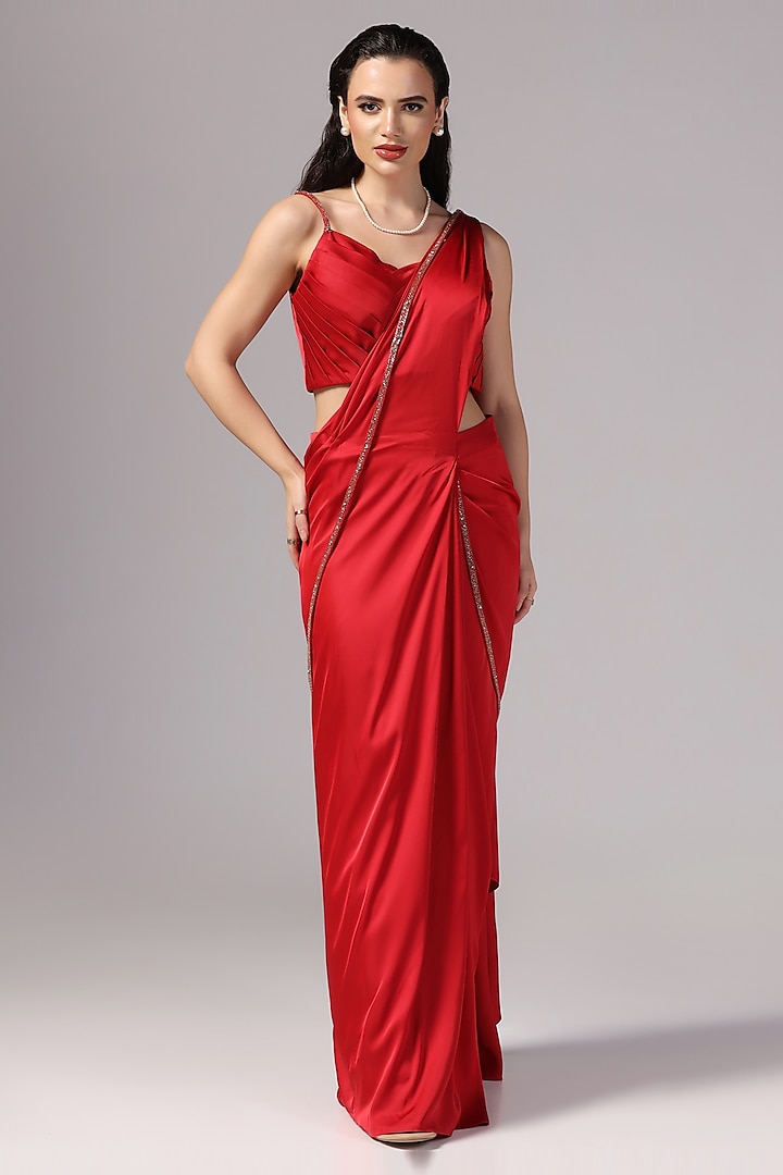 Red Premium Satin Pre-Draped Saree Set by Sunanta Madaan at Pernia's Pop Up Shop