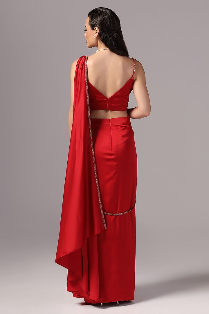 Red Premium Satin Pre-Draped Party Wear Saree Set by Sunanta Madaan at Pernia's Pop Up Shop