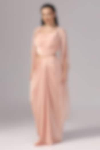 Peach Premium Satin Draped Skirt Set by Sunanta Madaan at Pernia's Pop Up Shop