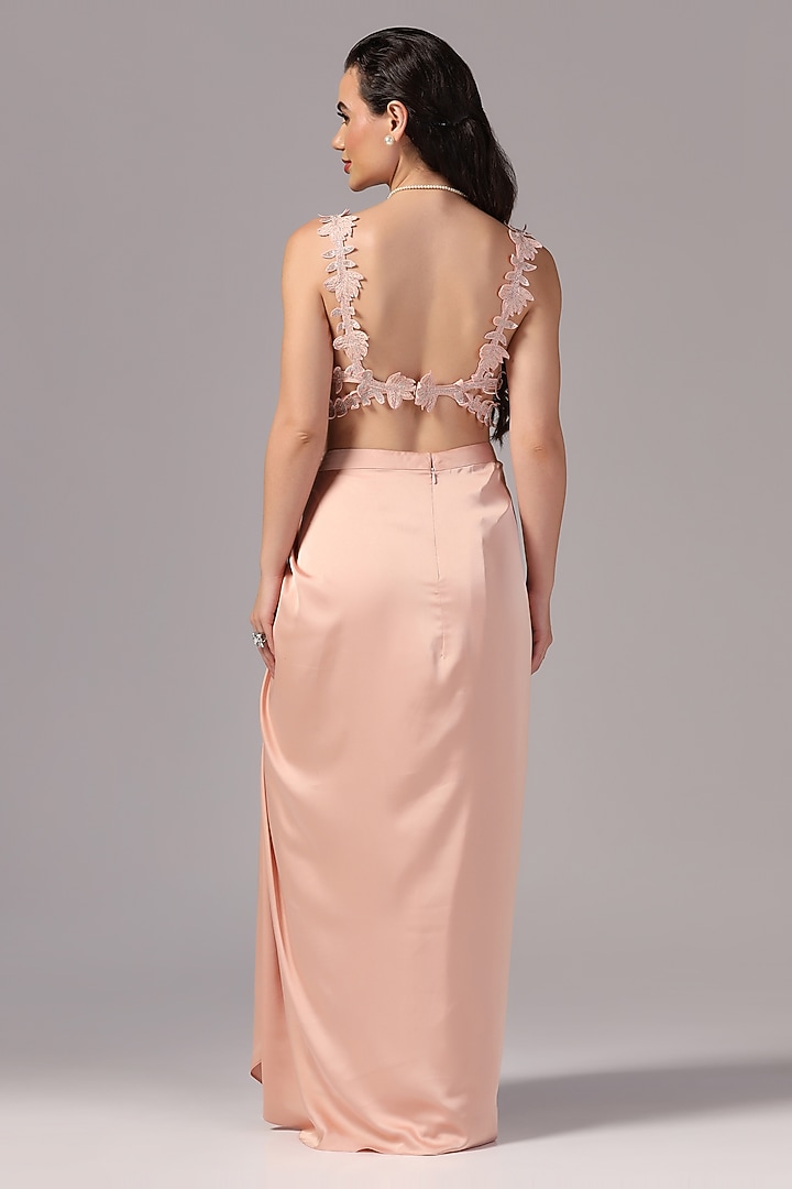 Peach Premium Satin Draped Skirt Set by Sunanta Madaan at Pernia's Pop Up Shop