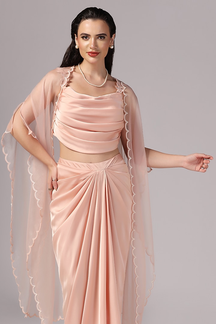 Peach Premium Satin Draped Skirt Set by Sunanta Madaan at Pernia's Pop Up Shop