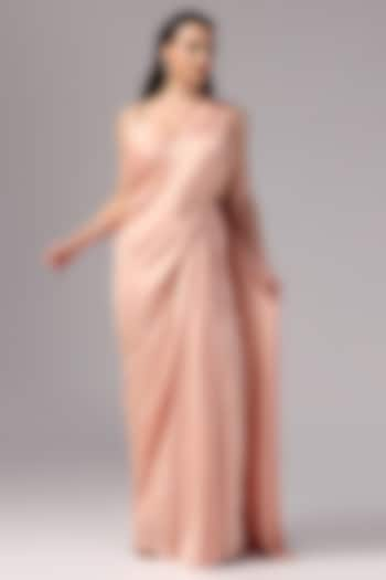 Peach Premium Satin Sequins Embroidered Pre-Draped Saree Set by Sunanta Madaan