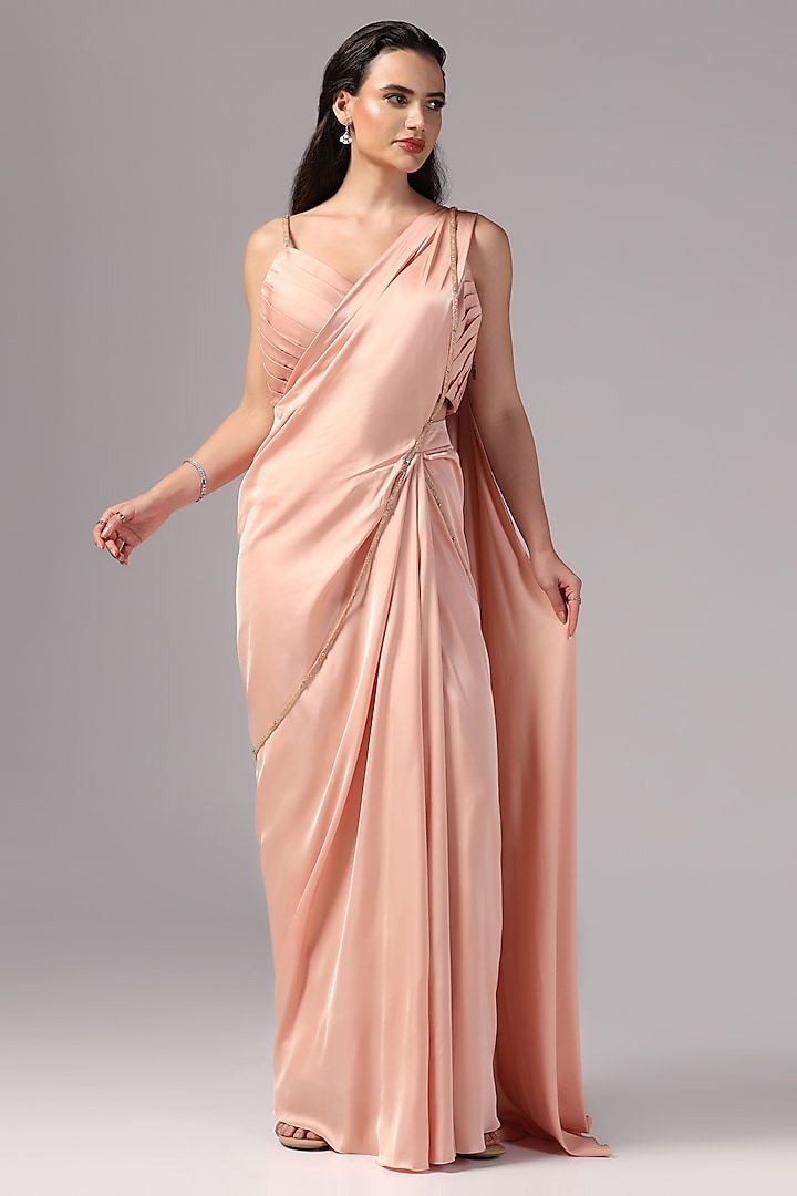 Peach Premium Satin Sequins Embroidered Pre-Draped Saree Set by Sunanta Madaan