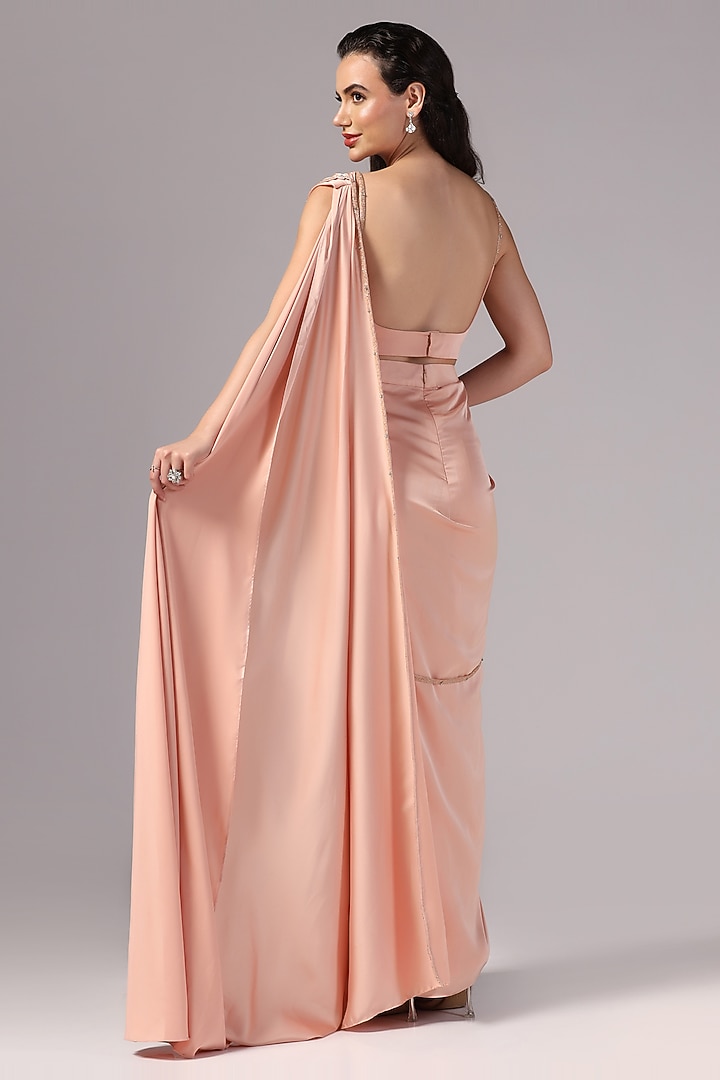 Peach Premium Satin Sequins Embroidered Pre-Draped Party Wear Saree Set by Sunanta Madaan at Pernia's Pop Up Shop