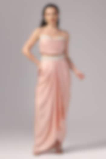 Peach Premium Satin Draped Skirt Set by Sunanta Madaan at Pernia's Pop Up Shop