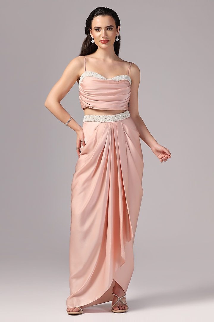 Peach Premium Satin Draped Skirt Set by Sunanta Madaan at Pernia's Pop Up Shop