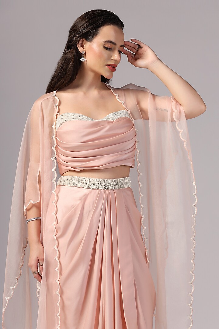 Peach Premium Satin Draped Skirt Set by Sunanta Madaan at Pernia's Pop Up Shop