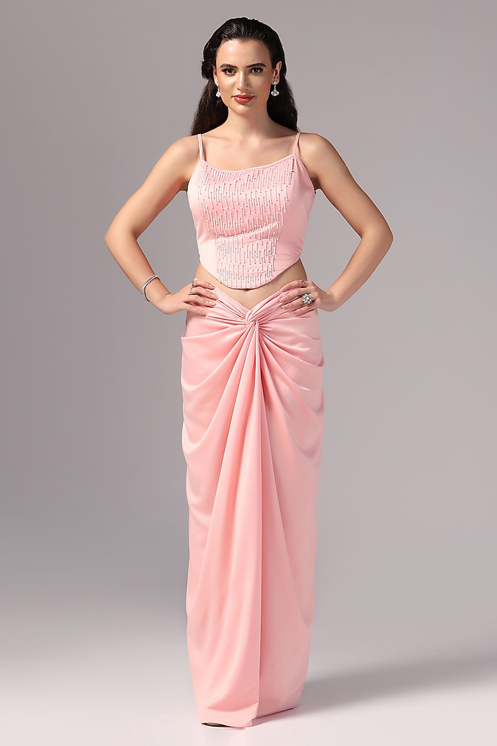 Pink Premium Satin Draped Skirt Set by Sunanta Madaan at Pernia's Pop Up Shop