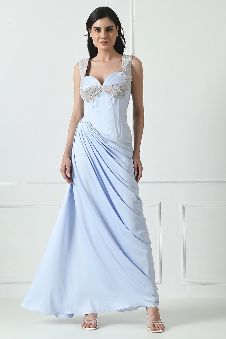 Lavender Crepe Satin Pearl Embroidered Gown by Sunanta Madaan at Pernia's Pop Up Shop