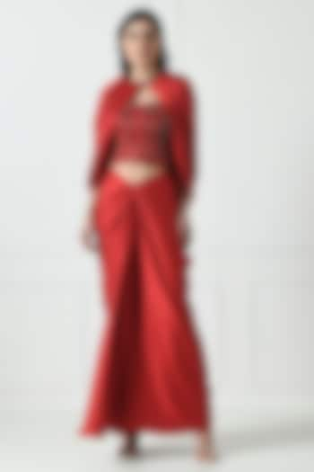 Red Premium Satin Draped Skirt Set by Sunanta Madaan at Pernia's Pop Up Shop