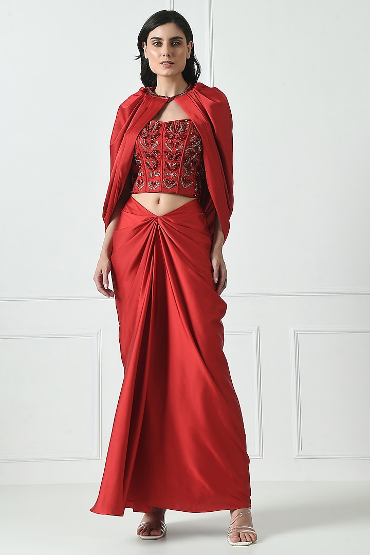 Red Premium Satin Draped Skirt Set by Sunanta Madaan at Pernia's Pop Up Shop