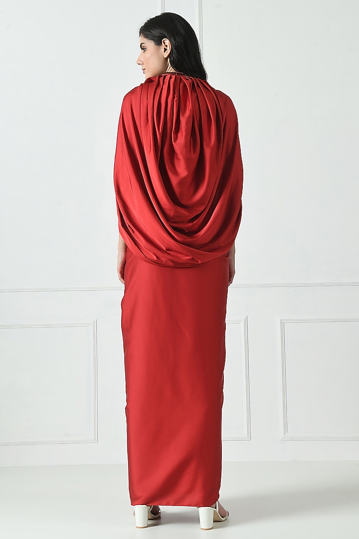 Red Premium Satin Draped Skirt Set by Sunanta Madaan at Pernia's Pop Up Shop