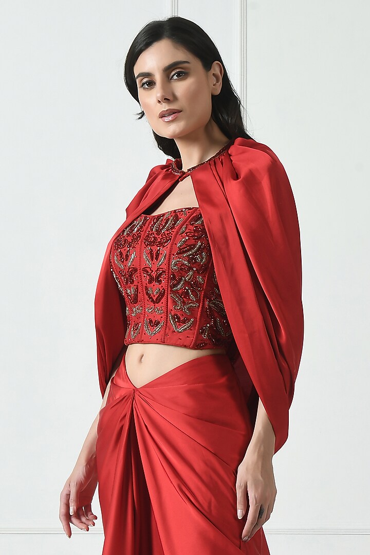 Red Premium Satin Draped Skirt Set by Sunanta Madaan at Pernia's Pop Up Shop