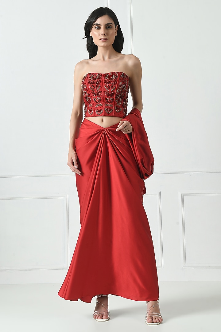Red Premium Satin Draped Skirt Set by Sunanta Madaan at Pernia's Pop Up Shop