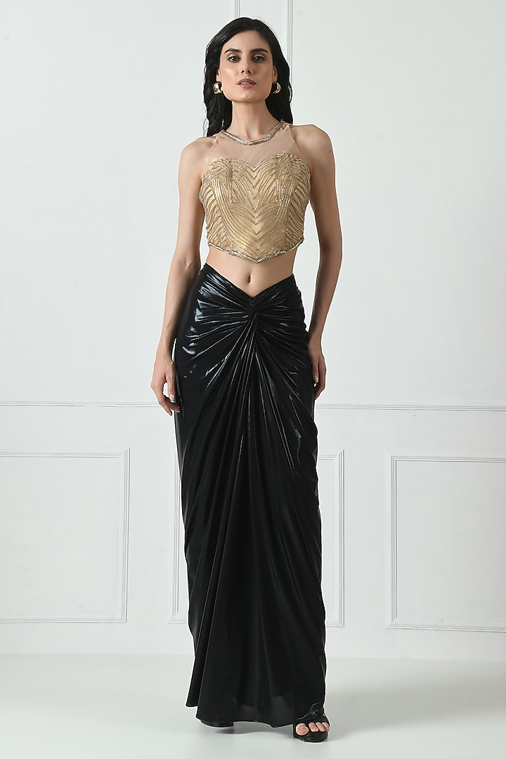 Black Metallic Lycra Draped Skirt Set by Sunanta Madaan at Pernia's Pop Up Shop