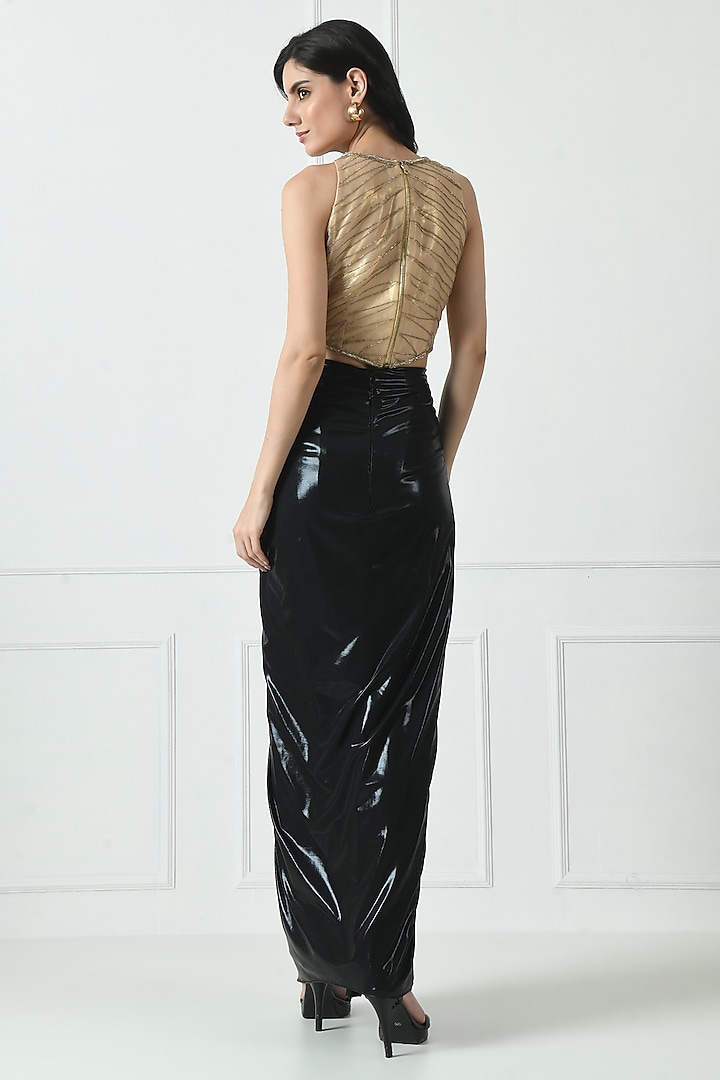 Black Metallic Lycra Draped Skirt Set by Sunanta Madaan at Pernia's Pop Up Shop