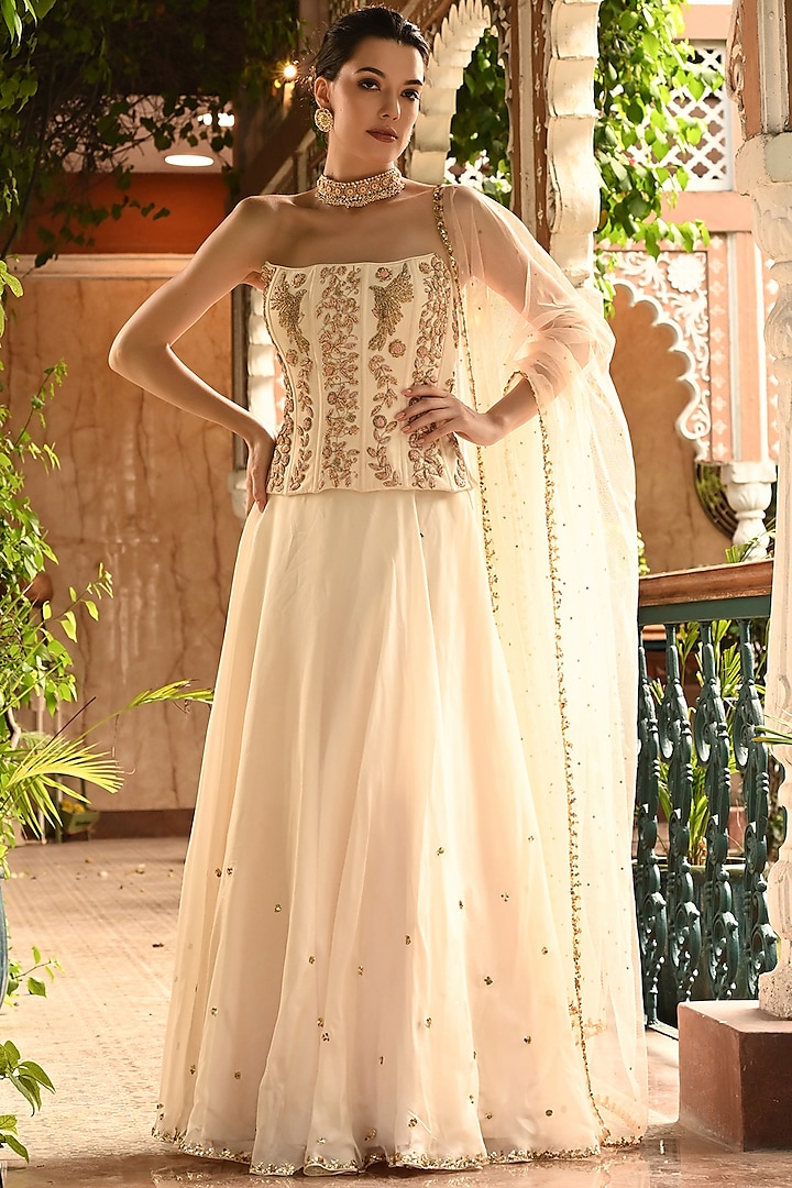 Ivory Crepe & Organza Zardosi Embroidered Wedding Lehenga Set by Sunanta Madaan at Pernia's Pop Up Shop