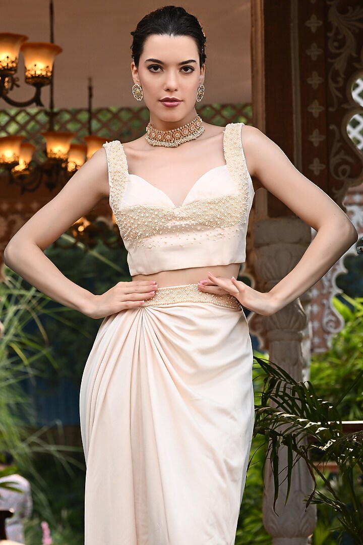 Ivory Crepe Pearl Embroidered Skirt Set by Sunanta Madaan at Pernia's Pop Up Shop