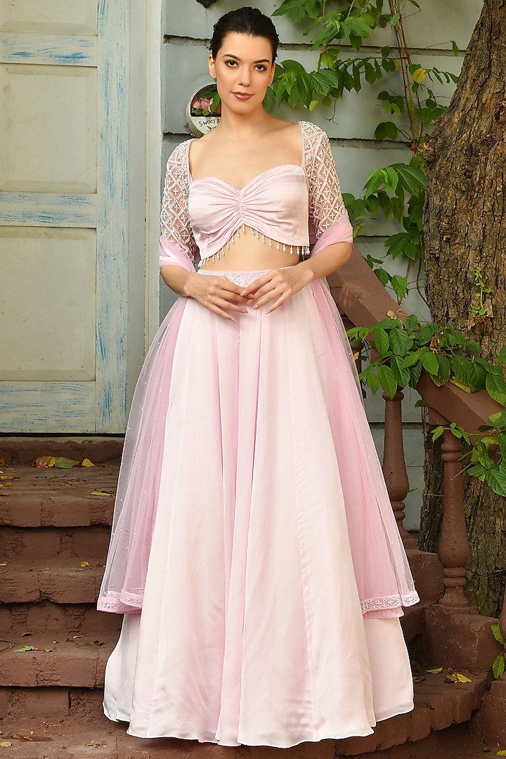 Pink Satin Organza & Silk Crepe Pearl Embroidered Wedding Lehenga Set by Sunanta Madaan at Pernia's Pop Up Shop