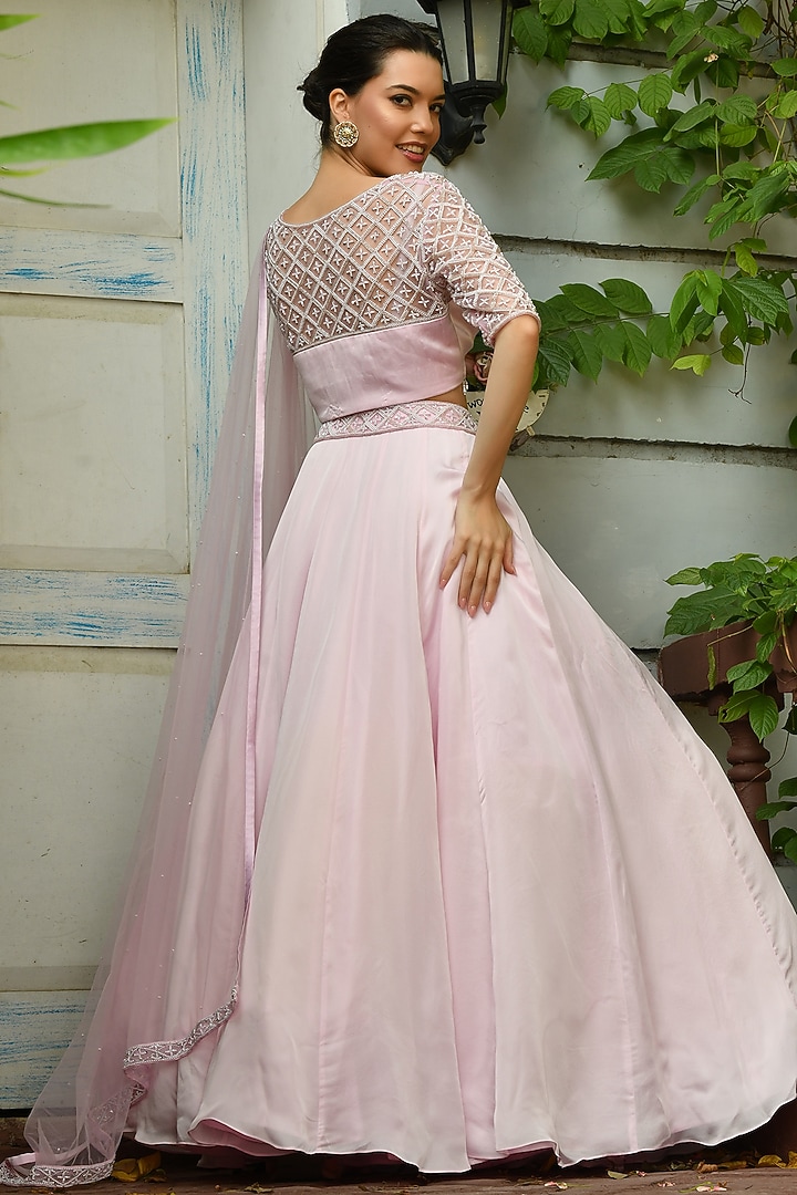 Pink Satin Organza & Silk Crepe Pearl Embroidered Wedding Lehenga Set by Sunanta Madaan at Pernia's Pop Up Shop