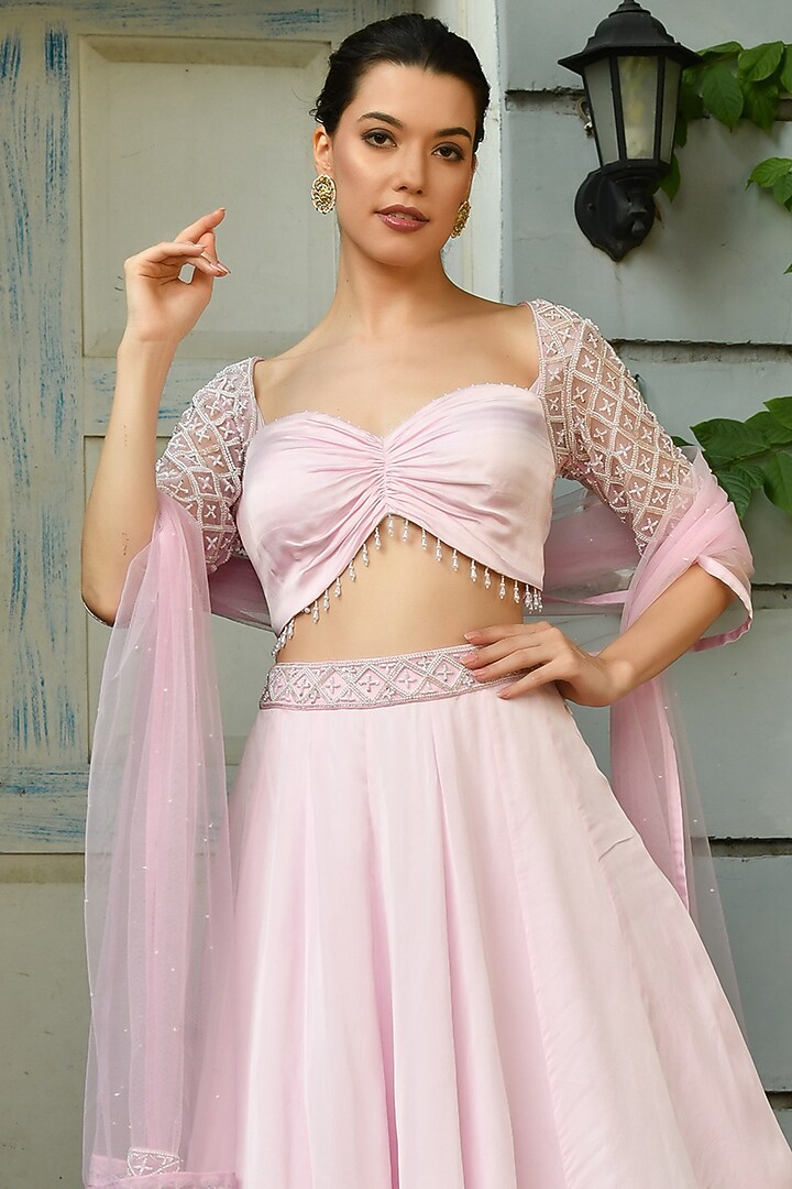 Pink Satin Organza & Silk Crepe Pearl Embroidered Wedding Lehenga Set by Sunanta Madaan at Pernia's Pop Up Shop