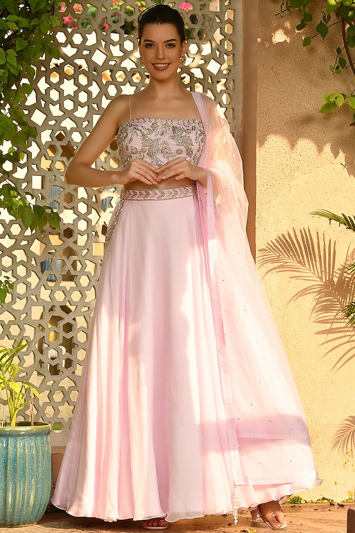 Pink Satin Organza & Silk Crepe Nakshi Embroidered Wedding Lehenga Set by Sunanta Madaan at Pernia's Pop Up Shop