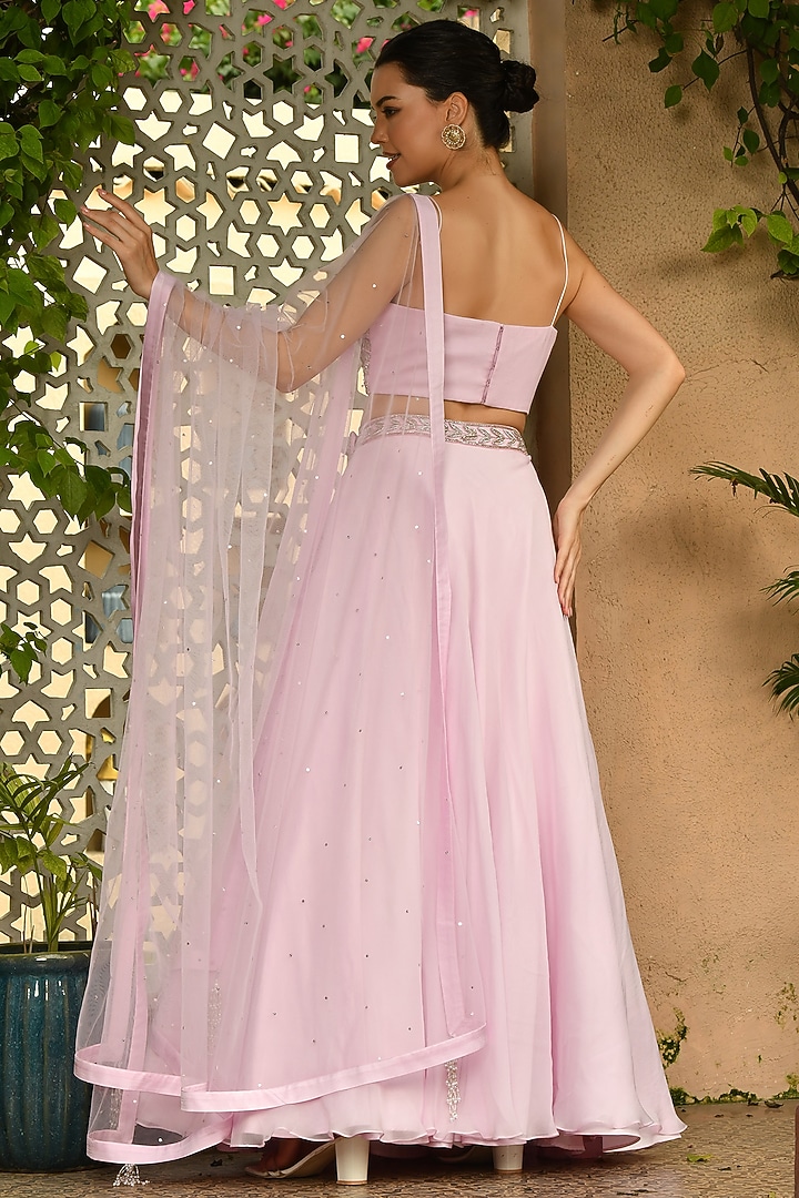 Pink Satin Organza & Silk Crepe Nakshi Embroidered Wedding Lehenga Set by Sunanta Madaan at Pernia's Pop Up Shop