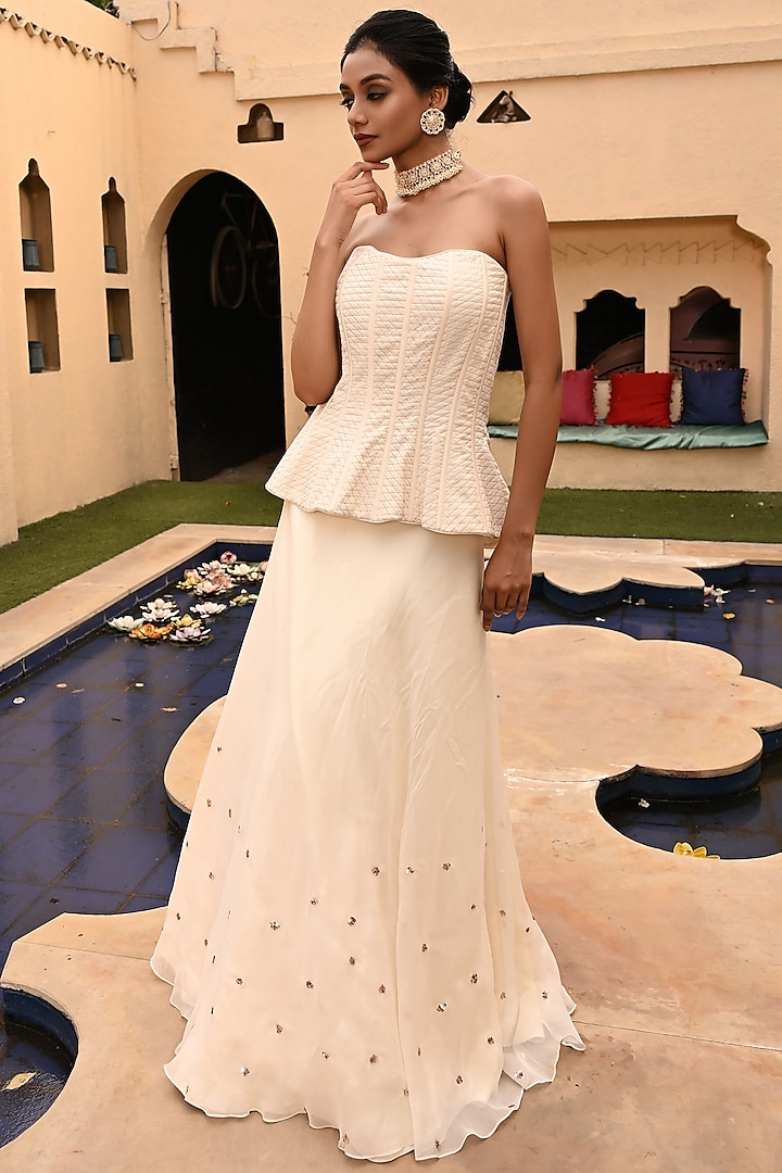 Ivory Organza & Crepe Sequins Embroidered Wedding Lehenga Set by Sunanta Madaan at Pernia's Pop Up Shop