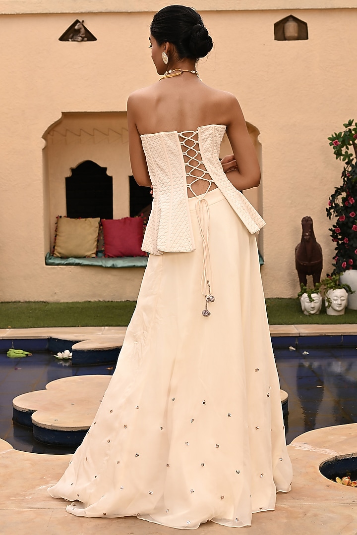 Ivory Organza & Crepe Sequins Embroidered Wedding Lehenga Set by Sunanta Madaan at Pernia's Pop Up Shop
