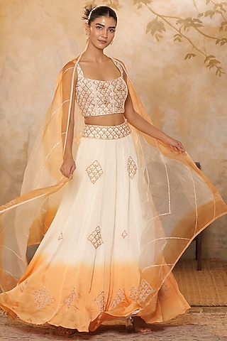 Ivory & Orange Organza Bead Embroidered Lehenga Set by Sunanta Madaan