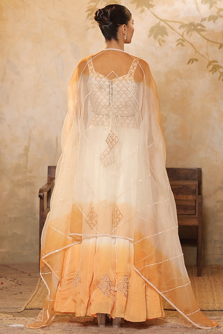 Ivory & Orange Organza Bead Embroidered Wedding Lehenga Set by Sunanta Madaan at Pernia's Pop Up Shop