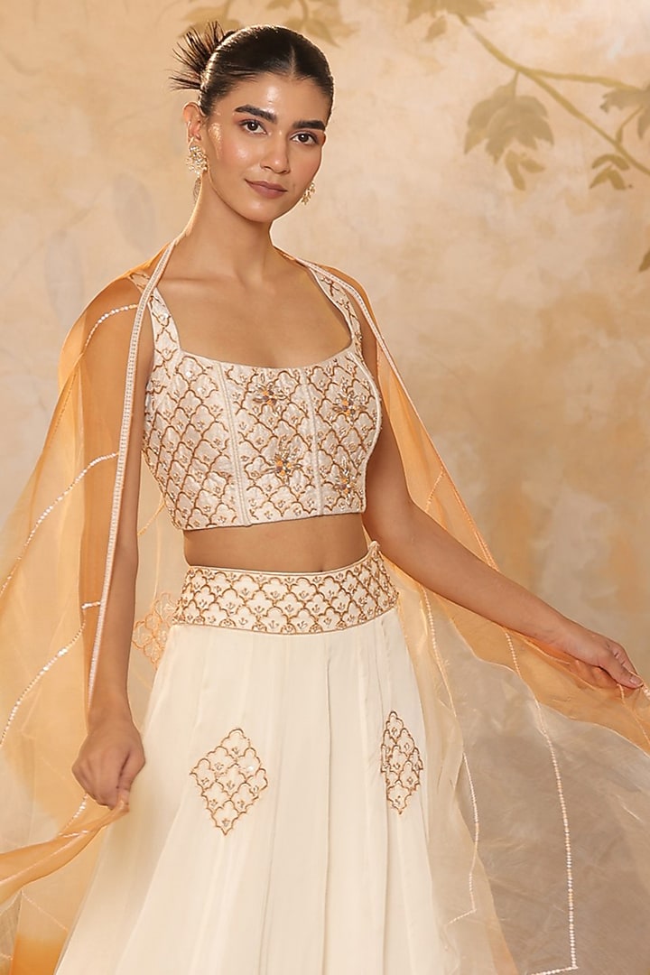 Ivory & Orange Organza Bead Embroidered Wedding Lehenga Set by Sunanta Madaan at Pernia's Pop Up Shop