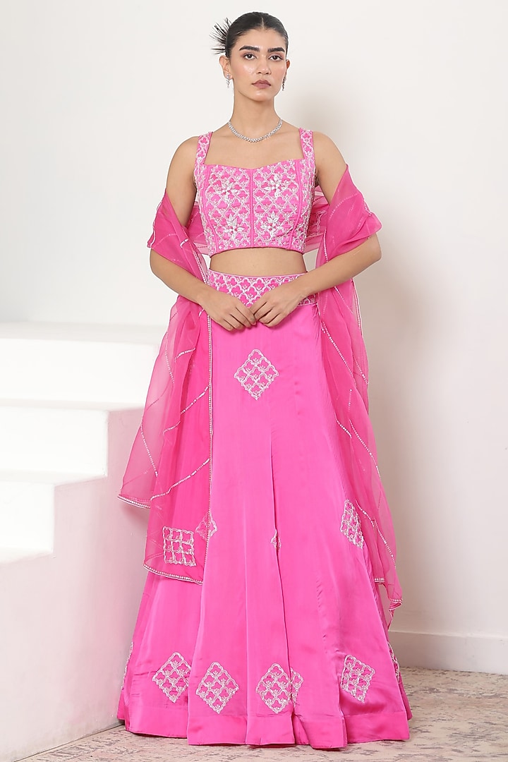 Pink Satin Organza Resham Embroidered Wedding Lehenga Set by Sunanta Madaan at Pernia's Pop Up Shop