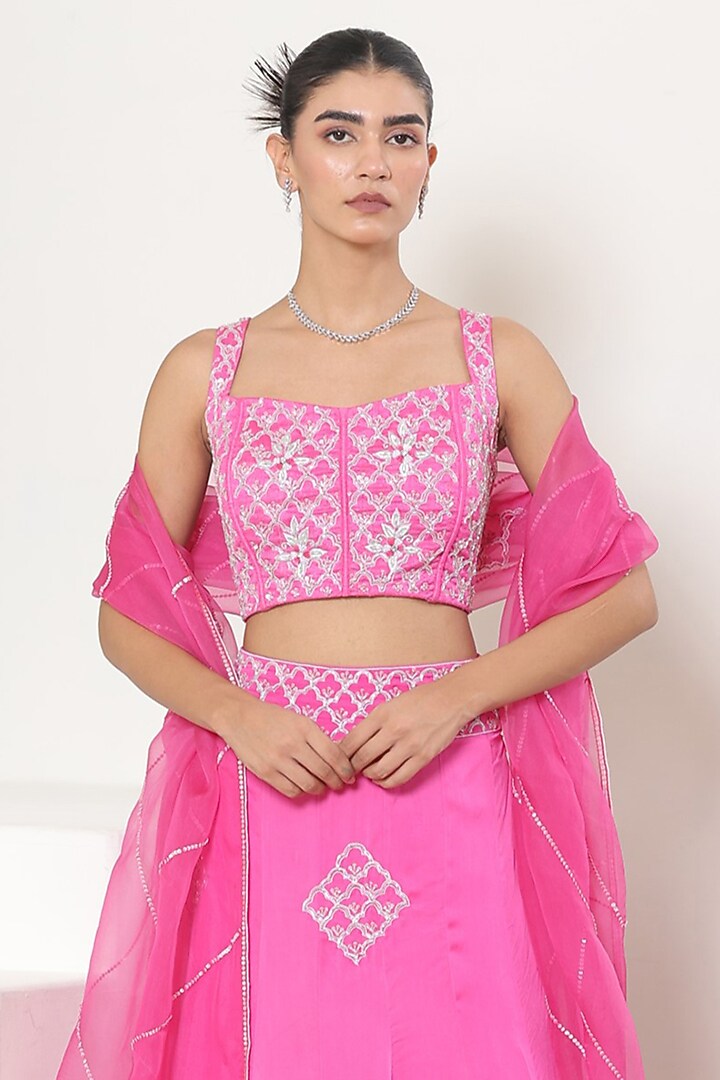 Pink Satin Organza Resham Embroidered Wedding Lehenga Set by Sunanta Madaan at Pernia's Pop Up Shop