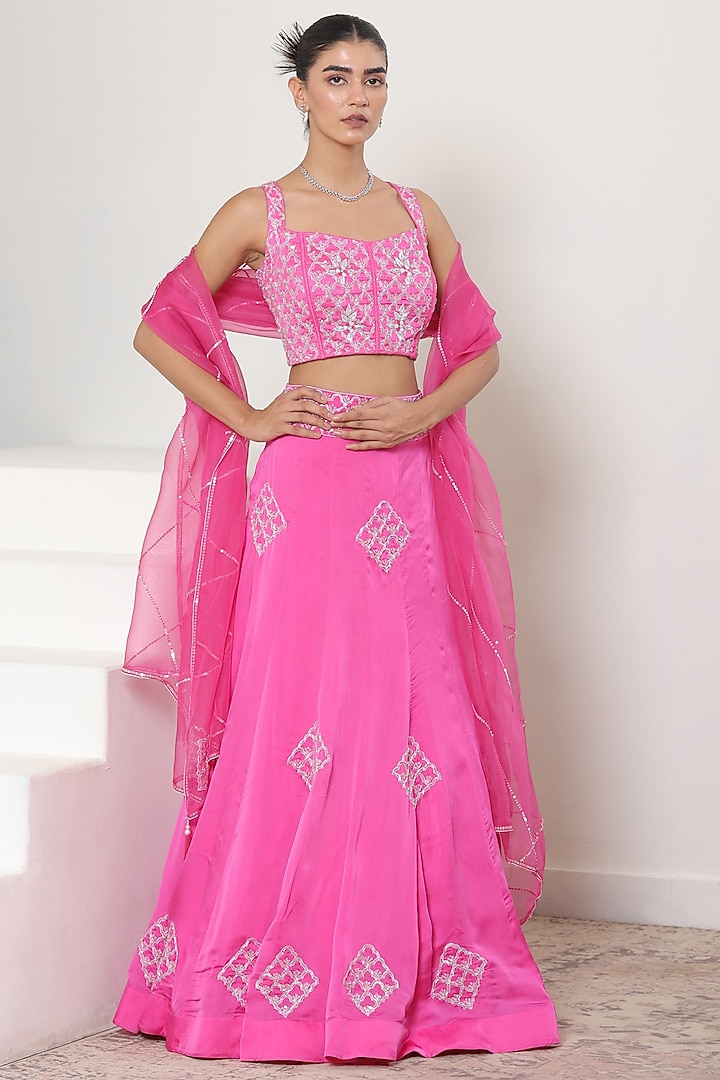 Pink Satin Organza Resham Embroidered Wedding Lehenga Set by Sunanta Madaan at Pernia's Pop Up Shop