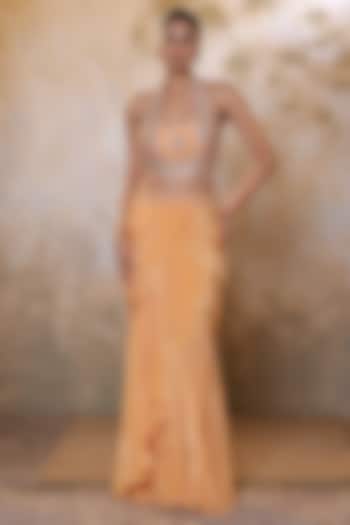 Orange Viscose Crepe Sequins Embroidered Skirt Set by Sunanta Madaan at Pernia's Pop Up Shop