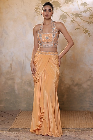 Orange Viscose Crepe Sequins Embroidered Skirt Set by Sunanta Madaan