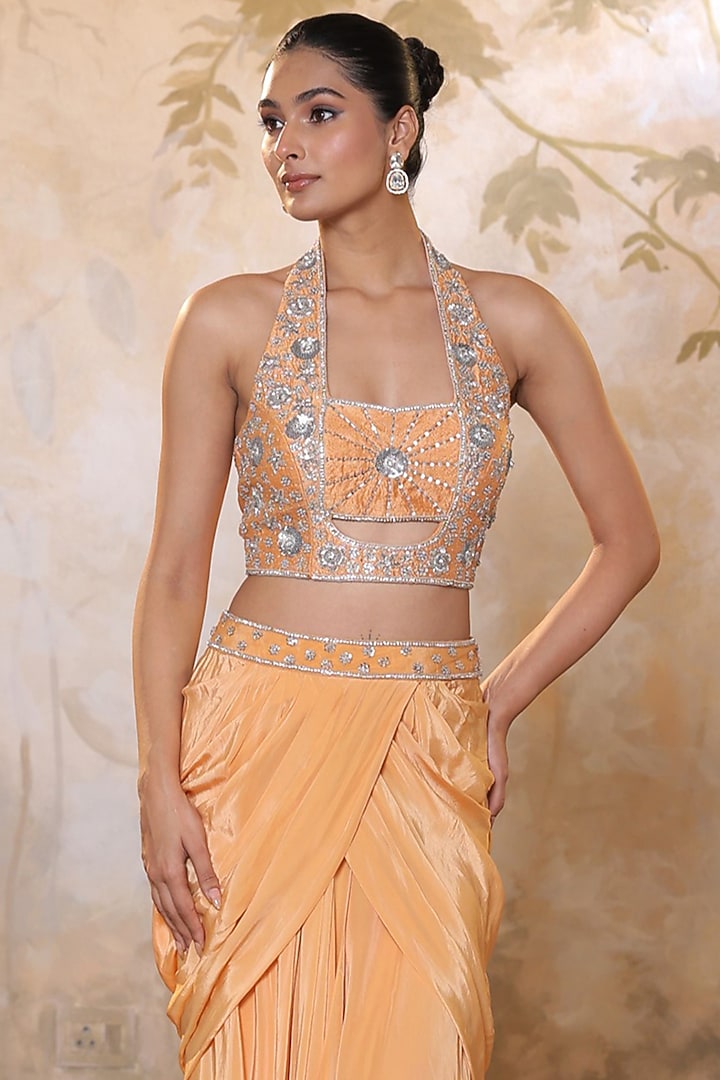 Orange Viscose Crepe Sequins Embroidered Skirt Set by Sunanta Madaan at Pernia's Pop Up Shop