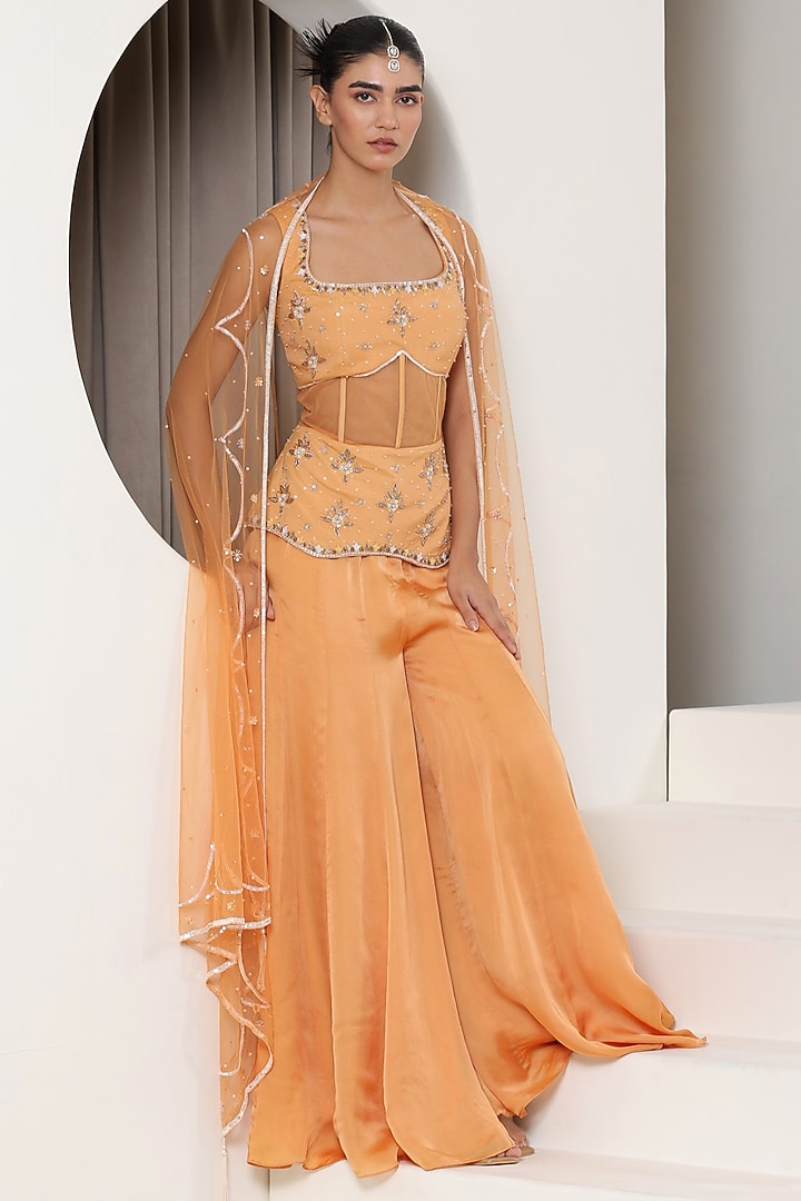 Orange Satin Organza Wedding Sharara Set by Sunanta Madaan at Pernia's Pop Up Shop