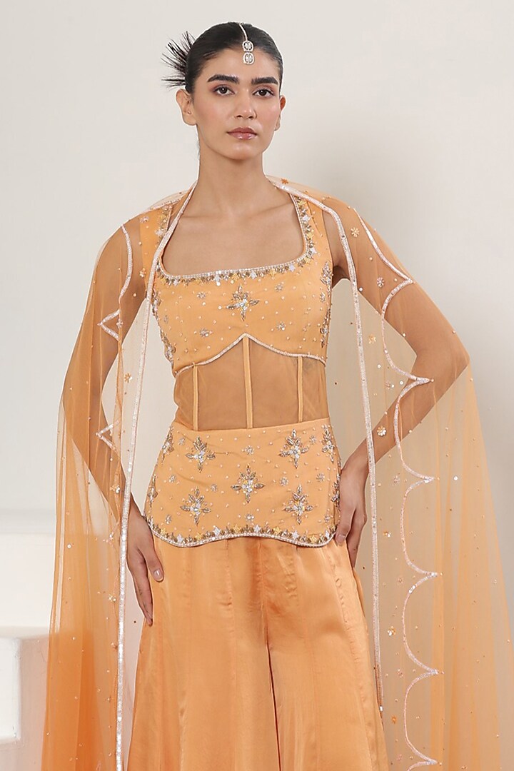Orange Satin Organza Wedding Sharara Set by Sunanta Madaan at Pernia's Pop Up Shop