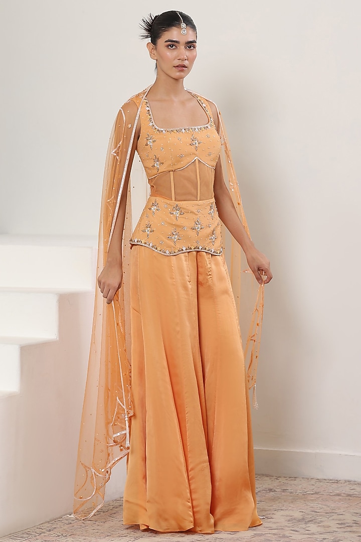 Orange Satin Organza Wedding Sharara Set by Sunanta Madaan at Pernia's Pop Up Shop