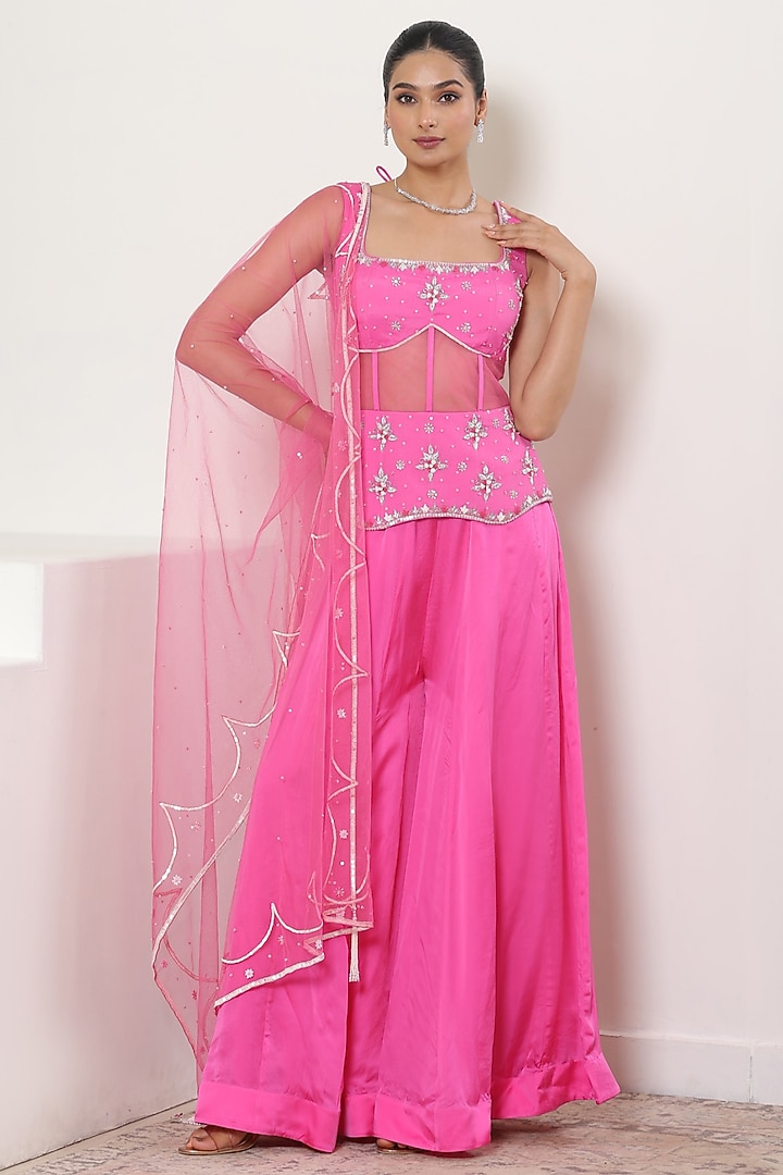 Pink Satin Organza Wedding Sharara Set by Sunanta Madaan at Pernia's Pop Up Shop