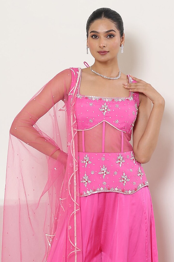 Pink Satin Organza Wedding Sharara Set by Sunanta Madaan at Pernia's Pop Up Shop