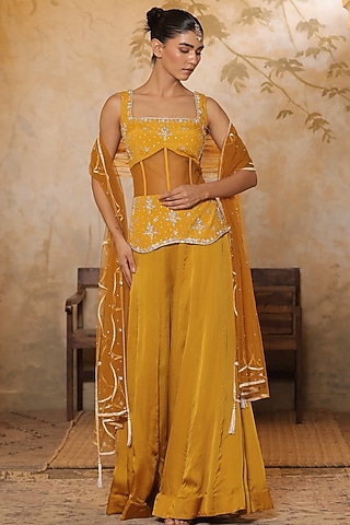 Yellow Satin Organza Sharara Set by Sunanta Madaan