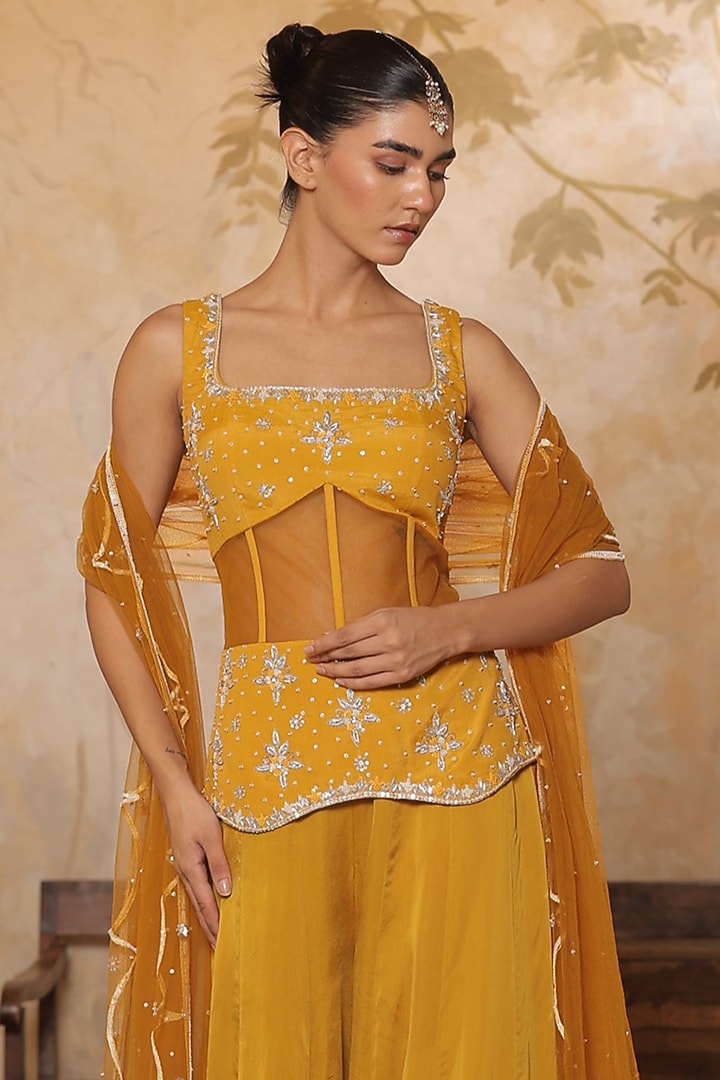 Yellow Satin Organza Wedding Sharara Set by Sunanta Madaan at Pernia's Pop Up Shop
